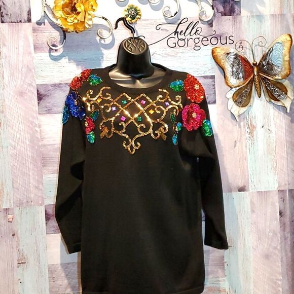 Vintage SML Glitz Black Sequin & Beaded Embellished Sweater, Sz - Picture 1 of 7
